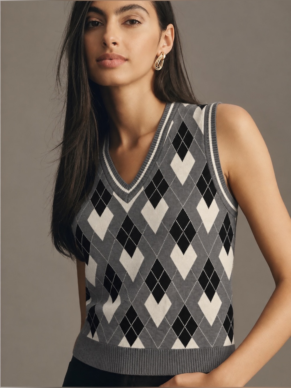 Gray Black Argyle Jacquard V-Neck Sweater Vest Dark Academia Preppy Coquette, L
